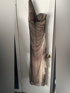 Blondie Nites Taupe-to-Cream Sparkle Ruffle Maxi Dress